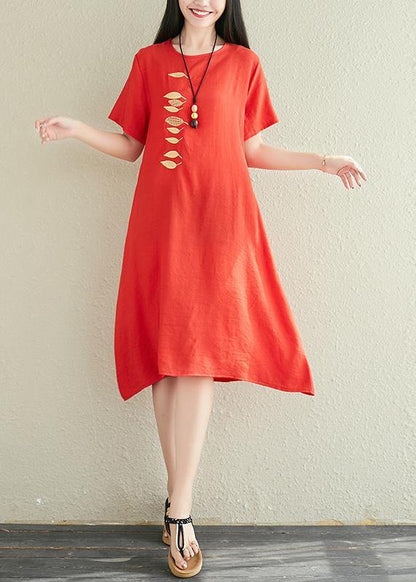 Modern Red Linen Dress O Neck Embroidery Midi Summer Dress