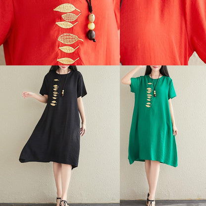 Modern Red Linen Dress O Neck Embroidery Midi Summer Dress
