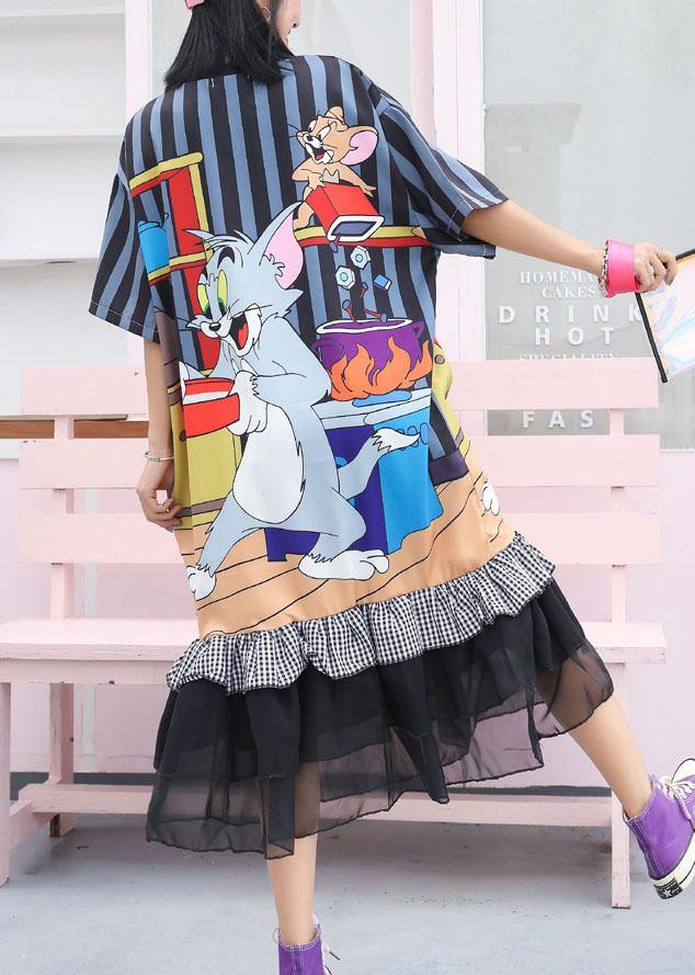 Modern Ruffles Cotton Clothes Runway Navy Prints Maxi Dress