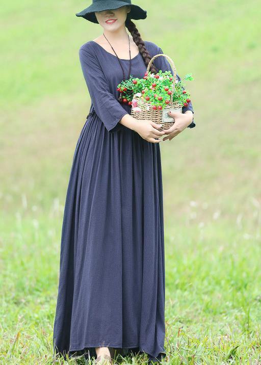 Modern Ruffles Waist Cotton Linen Clothes for Fabrics Blue Maxi Dress