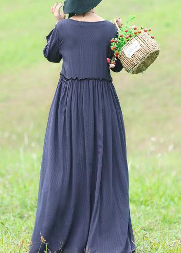 Modern Ruffles Waist Cotton Linen Clothes for Fabrics Blue Maxi Dress