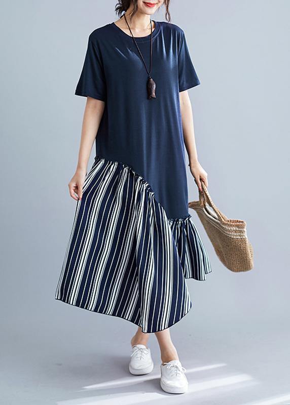 Modern Short Sleeve Cotton Dresses Tutorials Blue Patchwork Robe Dress Summer