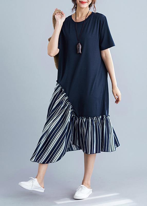 Modern Short Sleeve Cotton Dresses Tutorials Blue Patchwork Robe Dress Summer