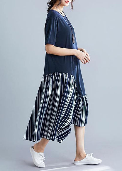 Modern Short Sleeve Cotton Dresses Tutorials Blue Patchwork Robe Dress Summer