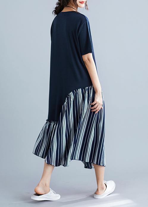 Modern Short Sleeve Cotton Dresses Tutorials Blue Patchwork Robe Dress Summer