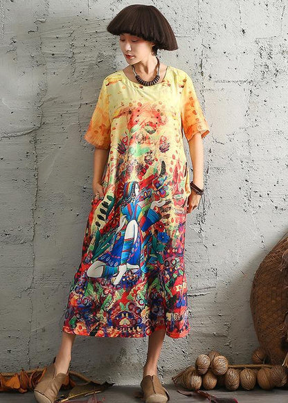 Modern Short Sleeve Linen Cotton Robes Ideas Yellow Prints Dresses Summer