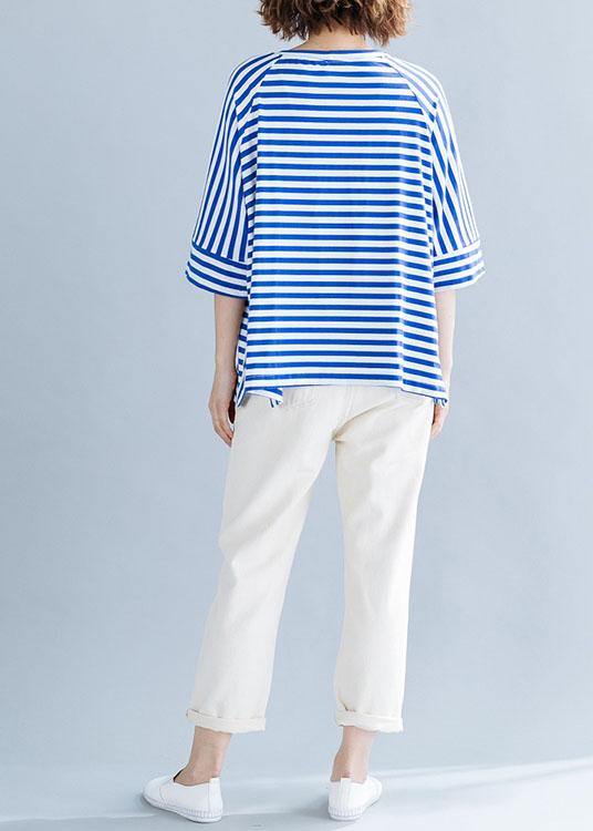 Modern Side Open Cotton Shirts Wardrobes Blue Striped Blouses Summer