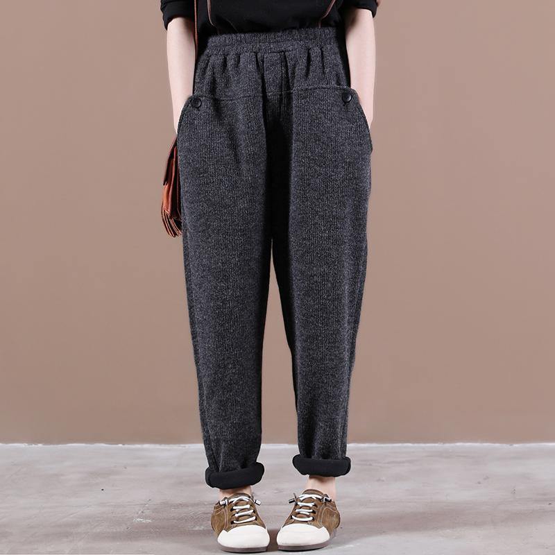 Modern Spring Wild Pants Dark Gray Work Outfits Elastic Waist Pockets Pants