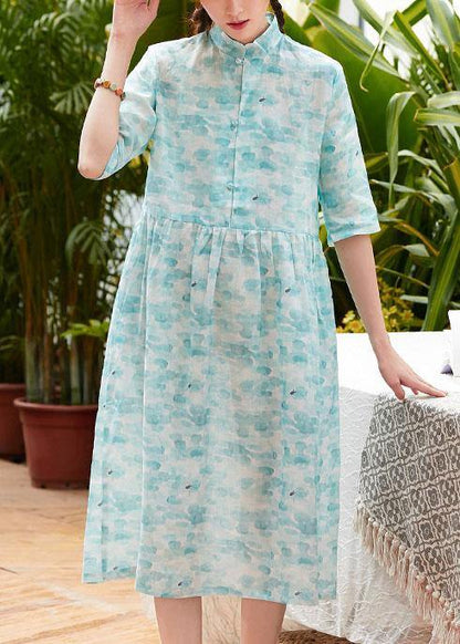 Modern Stand Collar Patchwork Linen Clothes for Shape Blue Green Print Dresses Summer