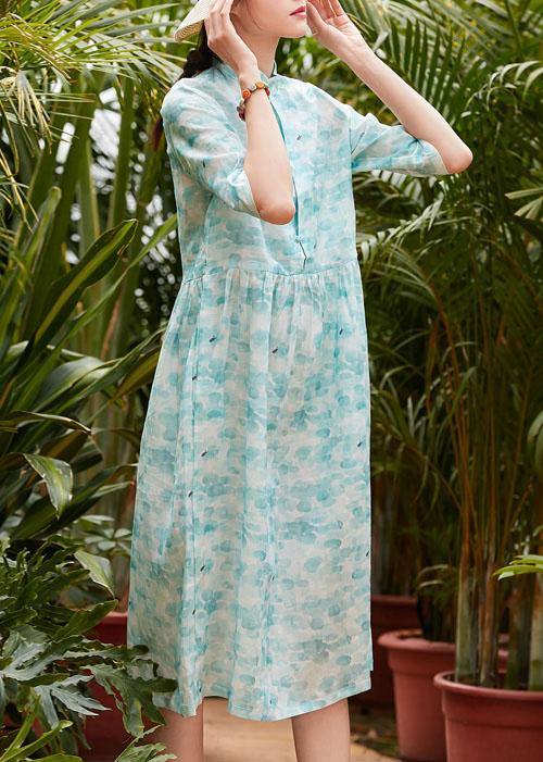 Modern Stand Collar Patchwork Linen Clothes for Shape Blue Green Print Dresses Summer