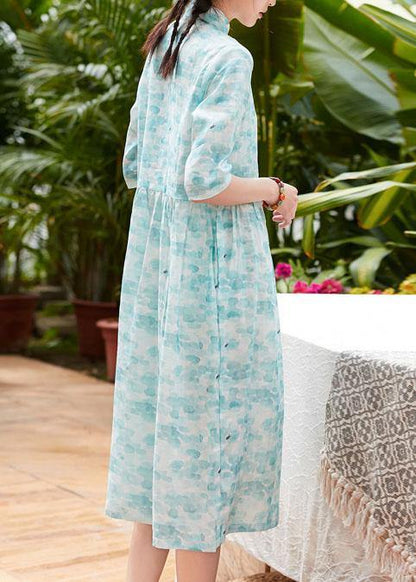 Modern Stand Collar Patchwork Linen Clothes for Shape Blue Green Print Dresses Summer