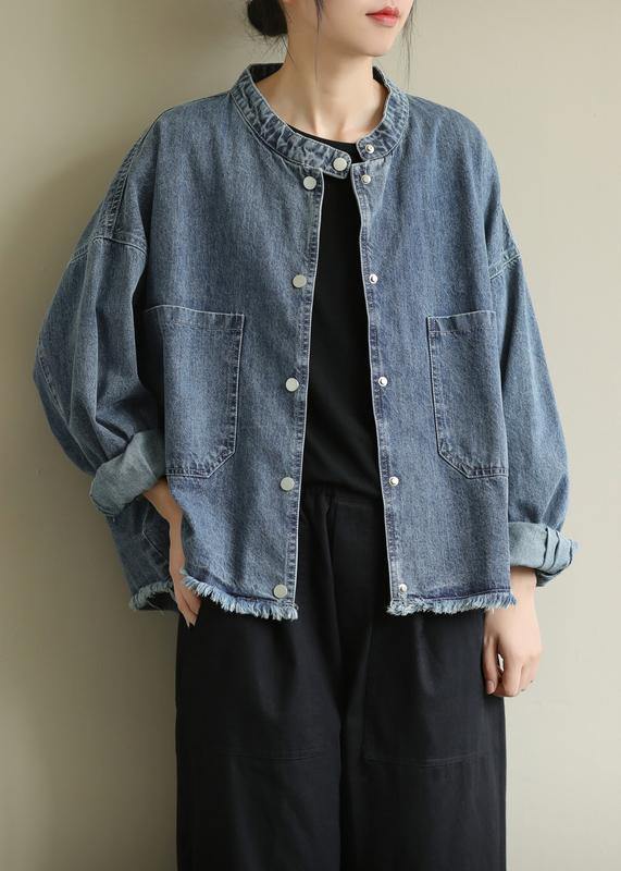 Modern Stand Collar Pockets Coats Denim Blue Knee Jackets