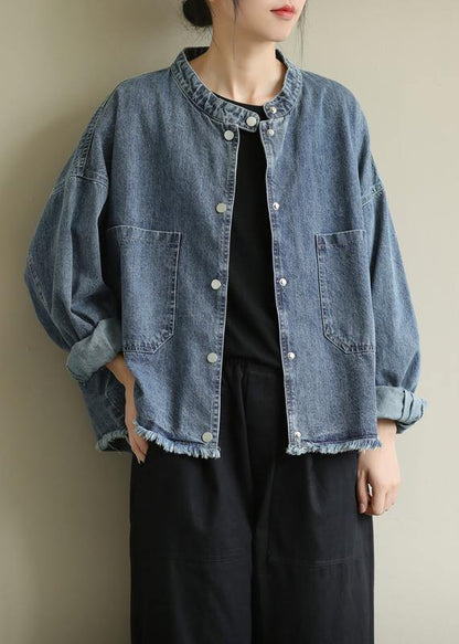 Modern Stand Collar Pockets Coats Denim Blue Knee Jackets