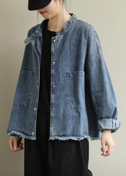 Modern Stand Collar Pockets Coats Denim Blue Knee Jackets