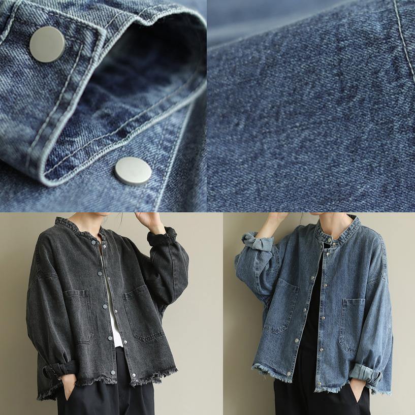 Modern Stand Collar Pockets Coats Denim Blue Knee Jackets