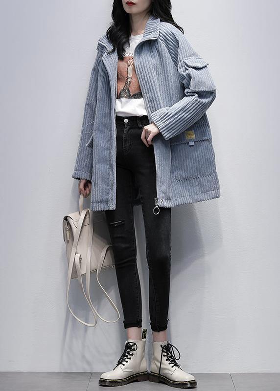 Modern Stand Collar Zippered Clothes Blue Daily Coats