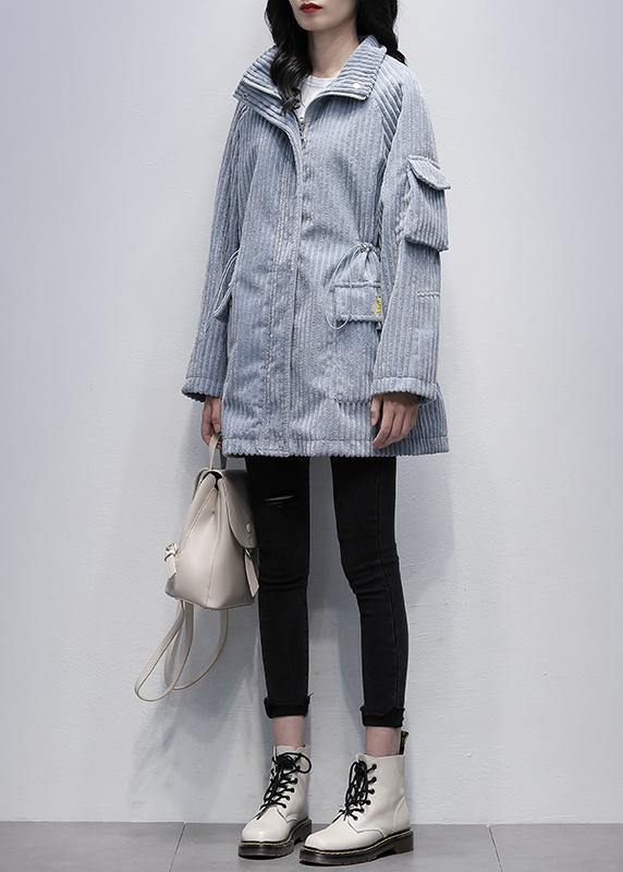 Modern Stand Collar Zippered Clothes Blue Daily Coats