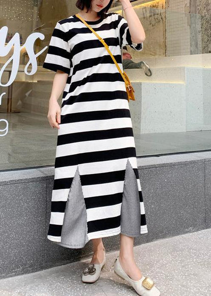 Modern Striped Cotton Tunic Pattern Patchwork Hem Robe Summer Dresses