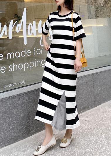 Modern Striped Cotton Tunic Pattern Patchwork Hem Robe Summer Dresses