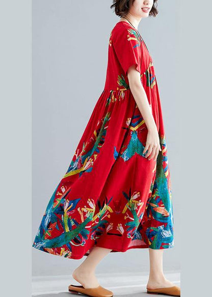Modern V Neck Cotton Tunic Pattern Sewing Red Prints Kaftan Dresses Summer