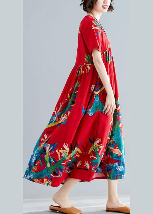 Modern V Neck Cotton Tunic Pattern Sewing Red Prints Kaftan Dresses Summer