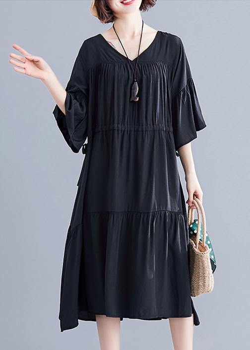 Modern V Neck Drawstring Cotton Dresses Wardrobes Black Dress Summer