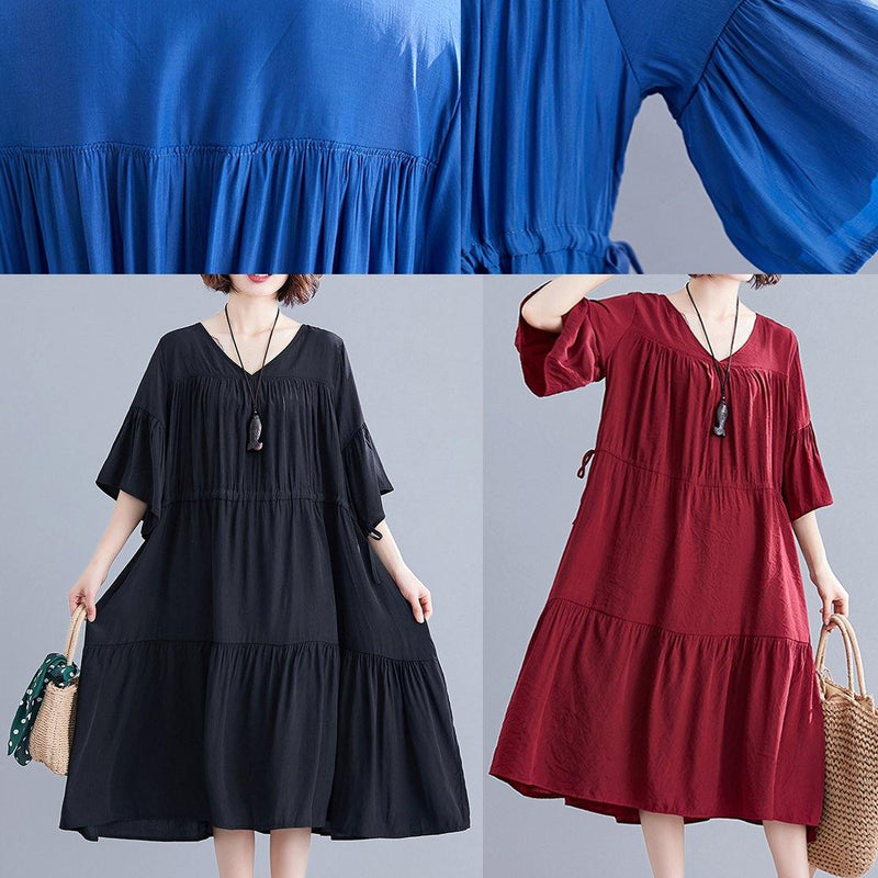 Modern V Neck Drawstring Cotton Dresses Wardrobes Black Dress Summer