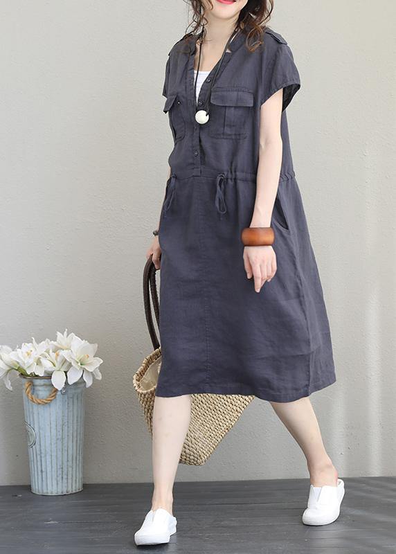 Modern V Neck Drawstring Linen Summer Clothes Cotton Navy Dresses