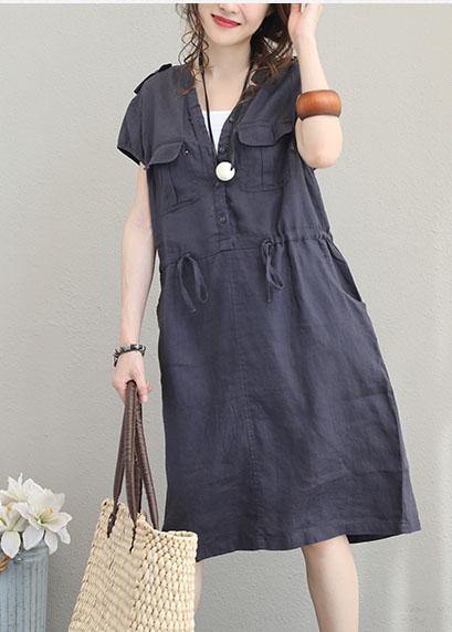 Modern V Neck Drawstring Linen Summer Clothes Cotton Navy Dresses