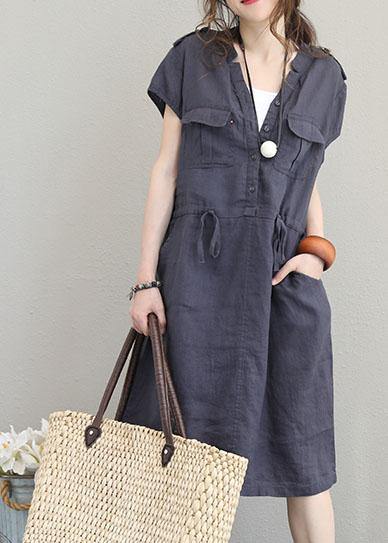 Modern V Neck Drawstring Linen Summer Clothes Cotton Navy Dresses