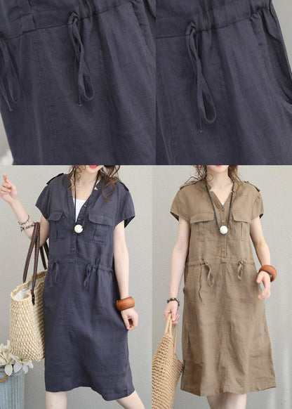 Modern V Neck Drawstring Linen Summer Clothes Cotton Navy Dresses