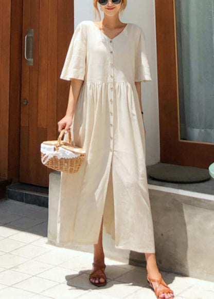 Modern V Neck Flare Sleeve Cotton Linen Summer Dress Runway Beige Dresses