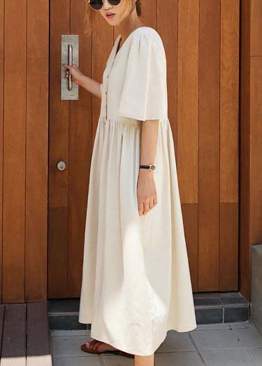 Modern V Neck Flare Sleeve Cotton Linen Summer Dress Runway Beige Dresses