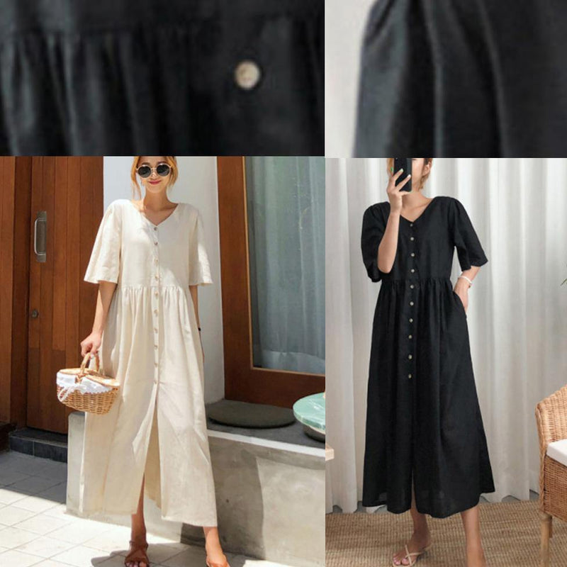 Modern V Neck Flare Sleeve Cotton Linen Summer Dress Runway Beige Dresses