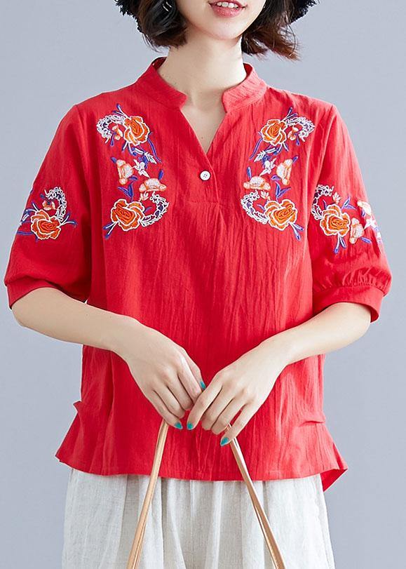 Modern V Neck Linen Cotton Crane Tops Red Embroidery Silhouette Shirts Summer