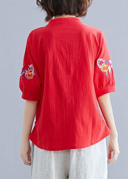 Modern V Neck Linen Cotton Crane Tops Red Embroidery Silhouette Shirts Summer