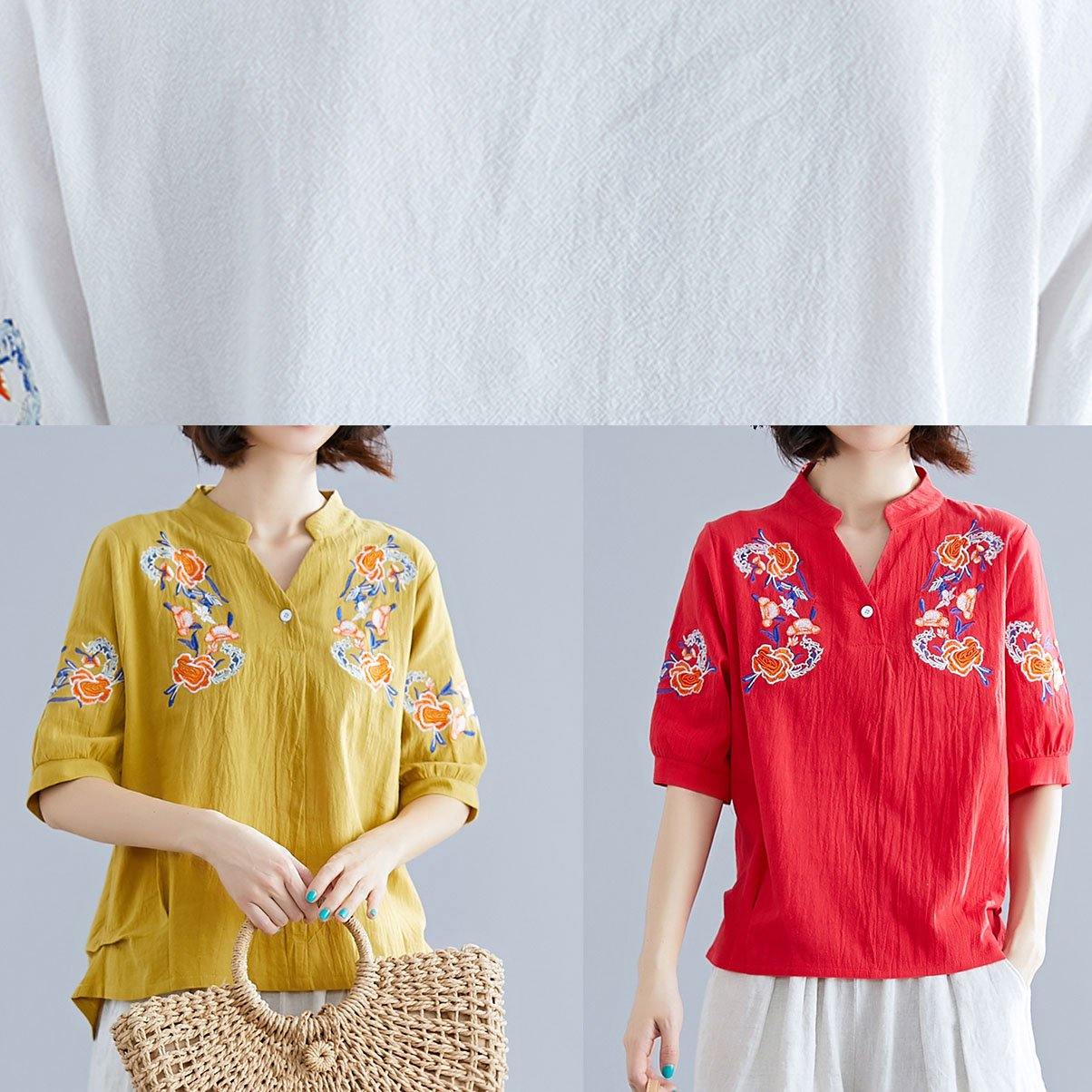 Modern V Neck Linen Cotton Crane Tops Red Embroidery Silhouette Shirts Summer
