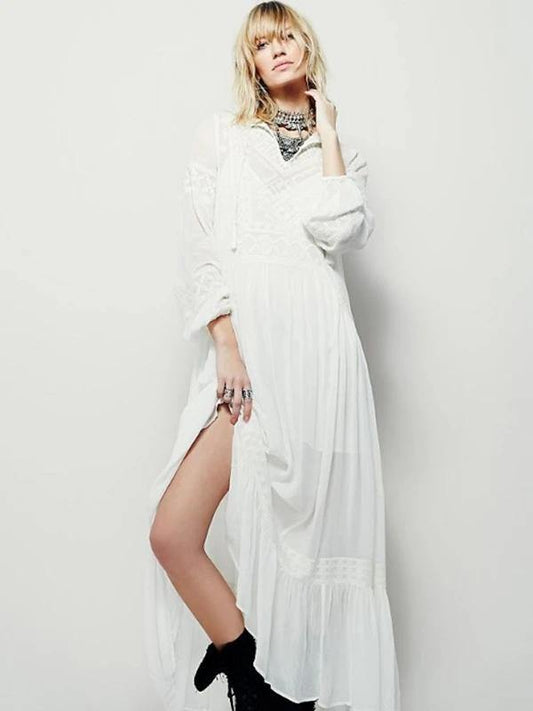 Modern V Neck Patchwork Cotton Spring Tunics Runway White Dress