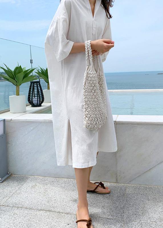 Modern V Neck Side Open Linen Cotton Clothes for Shirts Purple Dress