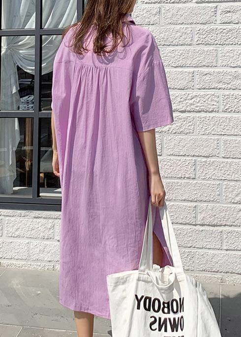 Modern V Neck Side Open Linen Cotton Clothes for Shirts Purple Dress