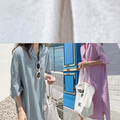 Modern V Neck Side Open Linen Cotton Clothes for Shirts Purple Dress