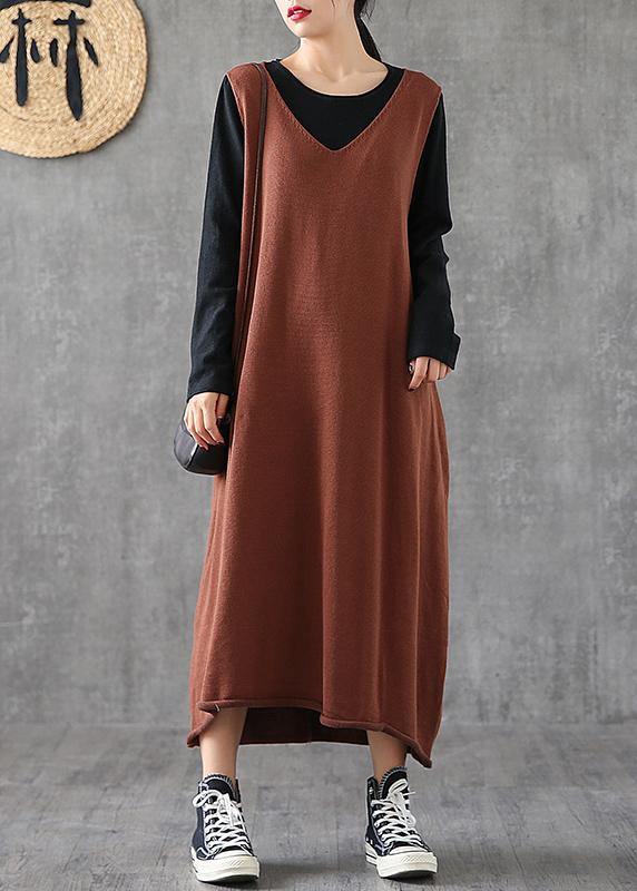 Modern V Neck Sleeveless Quilting Clothes Photography Chocolate Maxi Dresses