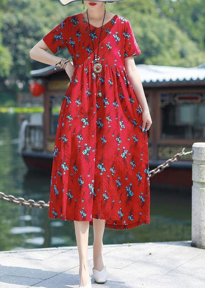 Modern V Neck Tie Waist Linen Cotton Clothes Work Red Print Dress Summer