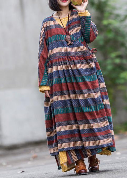 Modern V Neck Tie Waist Linen Cotton Dresses Shirts Multicolor Striped Dress Spring