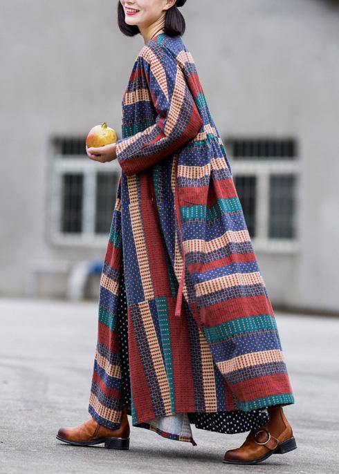 Modern V Neck Tie Waist Linen Cotton Dresses Shirts Multicolor Striped Dress Spring