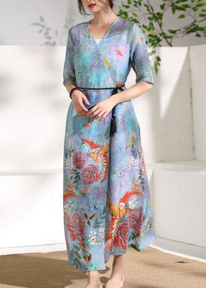 Modern V Neck Tie Waist Linen Summer Clothes Design Blue Print Dress