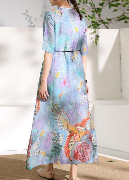 Modern V Neck Tie Waist Linen Summer Clothes Design Blue Print Dress