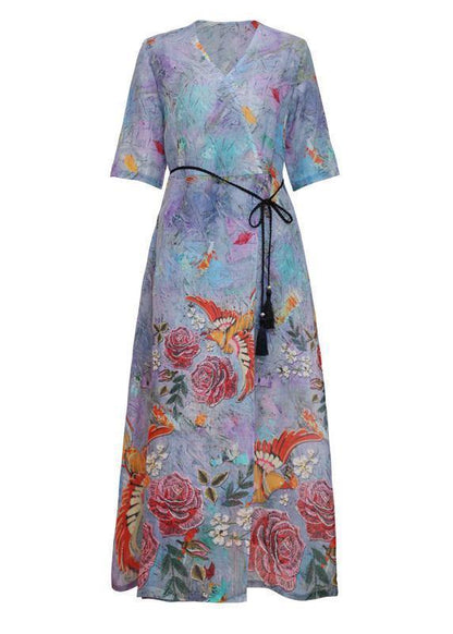 Modern V Neck Tie Waist Linen Summer Clothes Design Blue Print Dress