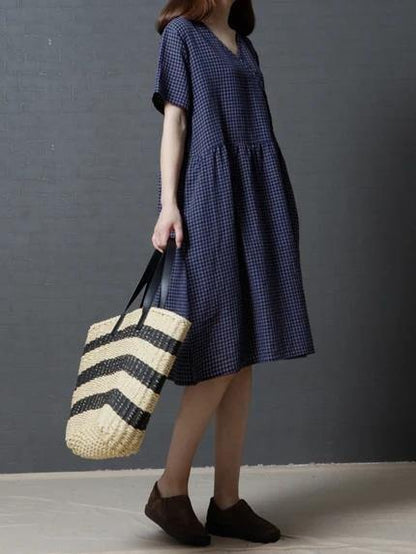 Modern V Neck Cinched Cotton Dress Shirts Navy Plaid Dress