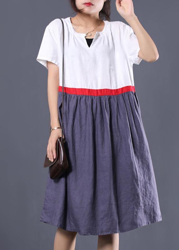Modern White Patchwork Linen Clothes V Neck Summer Dress